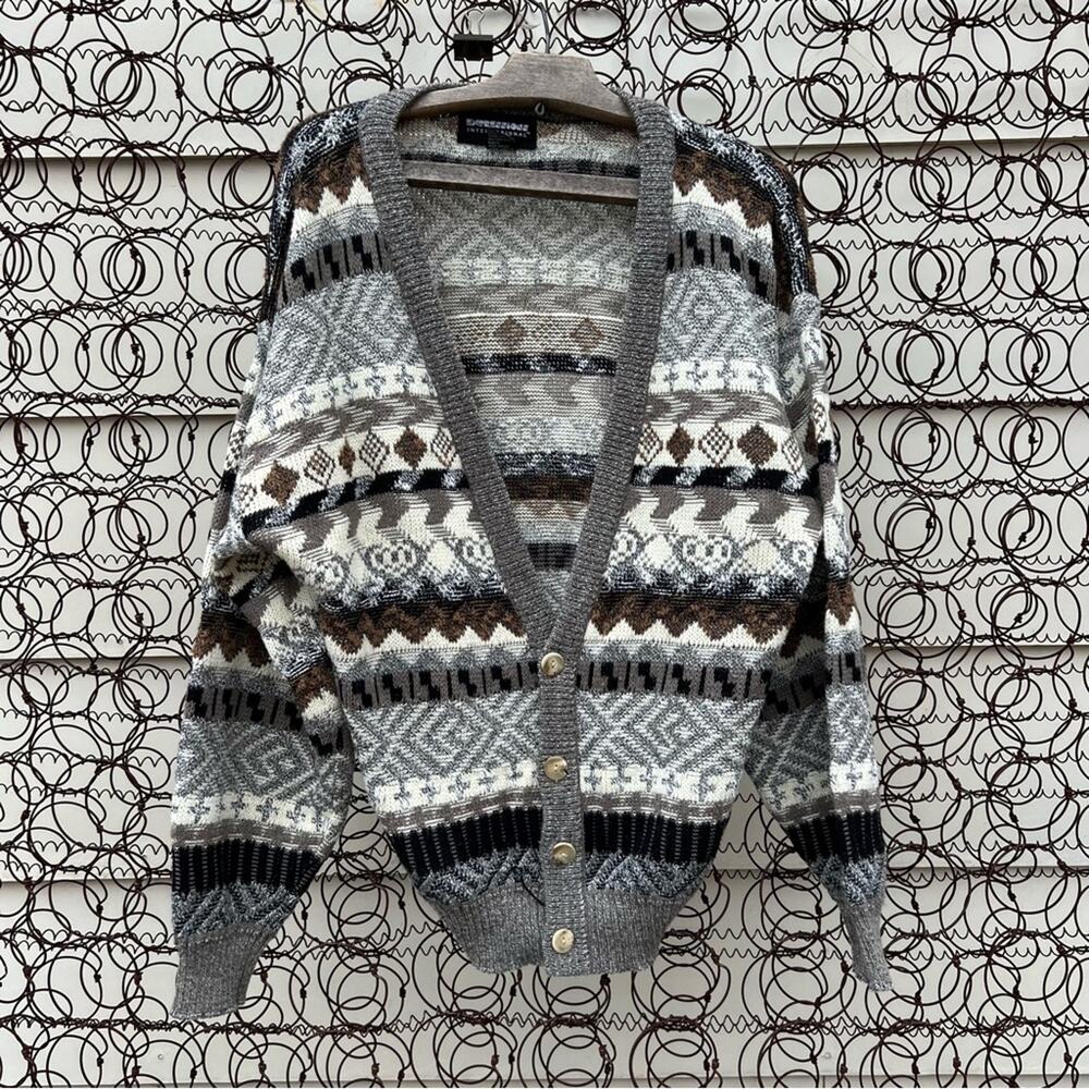 80s brown gray black earthy cottagecore Aztec grandpa style cardigan sweater